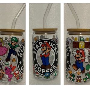 Super Mario Starbucks Glass Libby Cup w/ Lid and Glass Straw- 16oz
